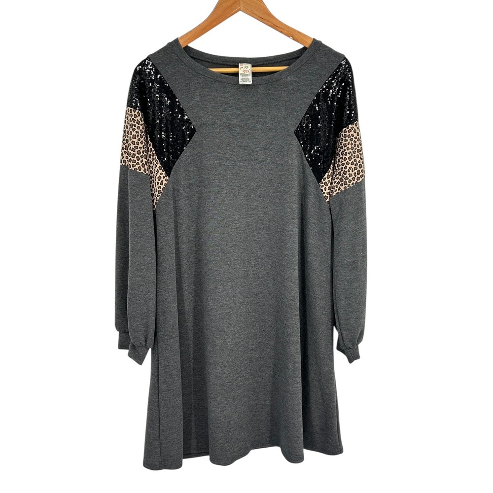 7th Ray Grey Long Sleeve Dress XLarge Sequin Leopard Print Crew‎ Neck